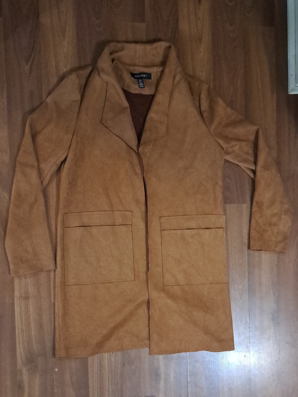 Ellen Tracy Tan Suede-Look Open Front Trench Coat